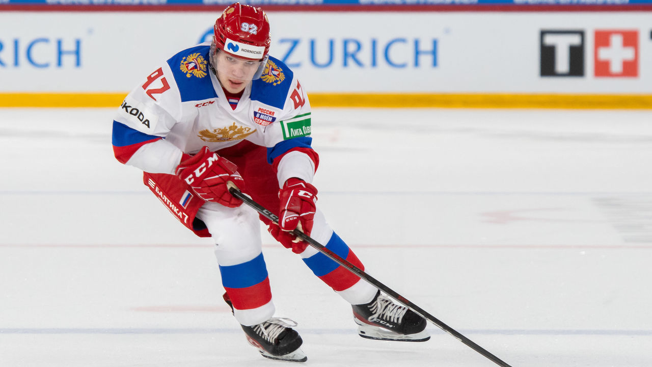 BIEL, SWITZERLAND - MAY 01: Vasily Podkolzin #92 of Russia in action during the Ice Hockey International Friendly game between Switzerland and Russia at Tissot-Arena on May 1, 2021 in Biel, Switzerland.