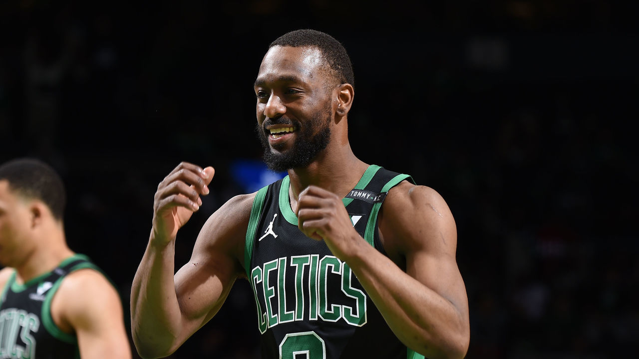 BOSTON, MA - MAY 28: Kemba Walker #8 of the Boston Celtics smiles during the game against the Brooklyn Nets during Round 1, Game 3 of the 2021 NBA Playoffs on May 28, 2021 at the TD Garden in Boston, Massachusetts. Mandatory Copyright Notice: Copyright 2021 NBAE