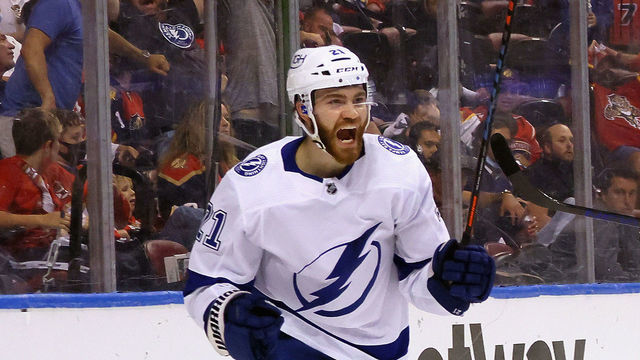 SUNRISE, FLORIDA - MAY 18: Brayden Point #21 of the Tampa Bay Lightning celebrates a first period goal by Ondrej Palat #18 against the Florida Panthers in Game Two of the First Round of the 2021 Stanley Cup Playoffs at the BB&T Center on May 18, 2021 in Sunrise, Florida.