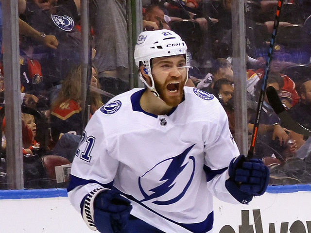 SUNRISE, FLORIDA - MAY 18: Brayden Point #21 of the Tampa Bay Lightning celebrates a first period goal by Ondrej Palat #18 against the Florida Panthers in Game Two of the First Round of the 2021 Stanley Cup Playoffs at the BB&T Center on May 18, 2021 in Sunrise, Florida.