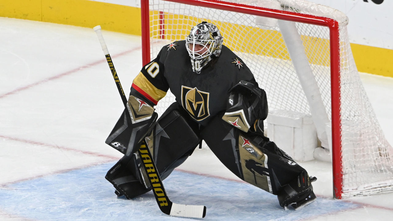 LAS VEGAS, NEVADA - MAY 10: Robin Lehner #90 of the Vegas Golden Knights tends net during the first period of a game against the Colorado Avalanche at T-Mobile Arena on May 10, 2021 in Las Vegas, Nevada.