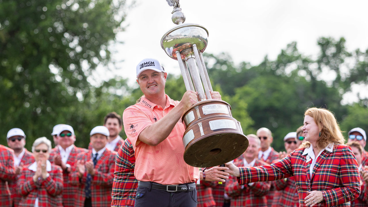 FORTH WORTH, TX - MAY 30: Jason Kokrak poses with trophy after winning the Charles Schwab Challenge on May 30, 2021 at Colonial Country Club in Fort Worth, TX.