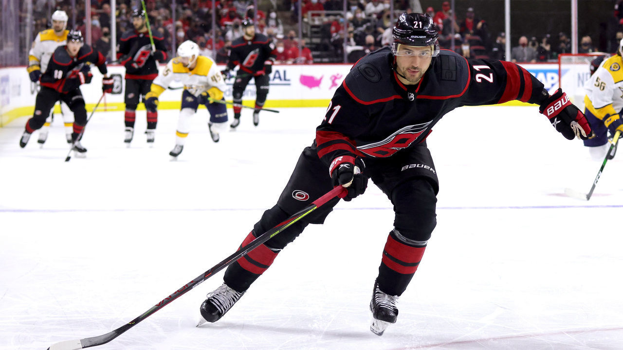 RALEIGH, NC - MAY 19: Nino Niederreiter #21 of the Carolina Hurricanes skates for position the ice in Game Two of the First Round of the 2021 Stanley Cup Playoffs Nashville Predators on May 19, 2021 at PNC Arena in Raleigh, North Carolina.