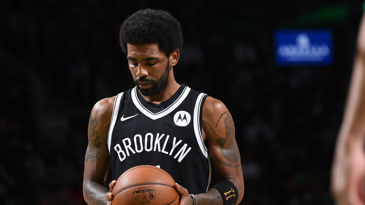 BOSTON, MA - MAY 30: Kyrie Irving #11 of the Brooklyn Nets looks on against the Boston Celtics during Round 1, Game 4 of the 2021 NBA Playoffs on May 30, 2021 at the TD Garden in Boston, Massachusetts. Mandatory Copyright Notice: Copyright 2021 NBAE