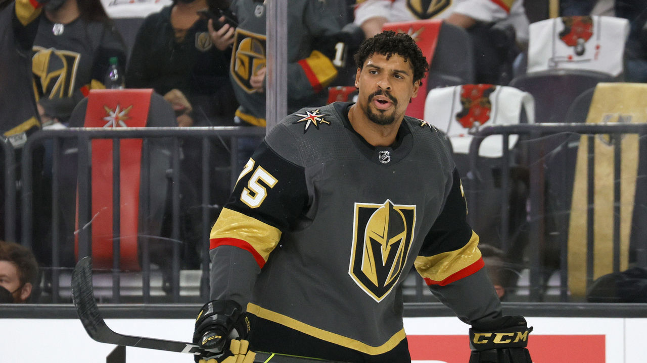 LAS VEGAS, NEVADA - MAY 28: Ryan Reaves #75 of the Vegas Golden Knights warms up before Game Seven of the First Round of the 2021 Stanley Cup Playoffs against the Minnesota Wild at T-Mobile Arena on May 28, 2021 in Las Vegas, Nevada.