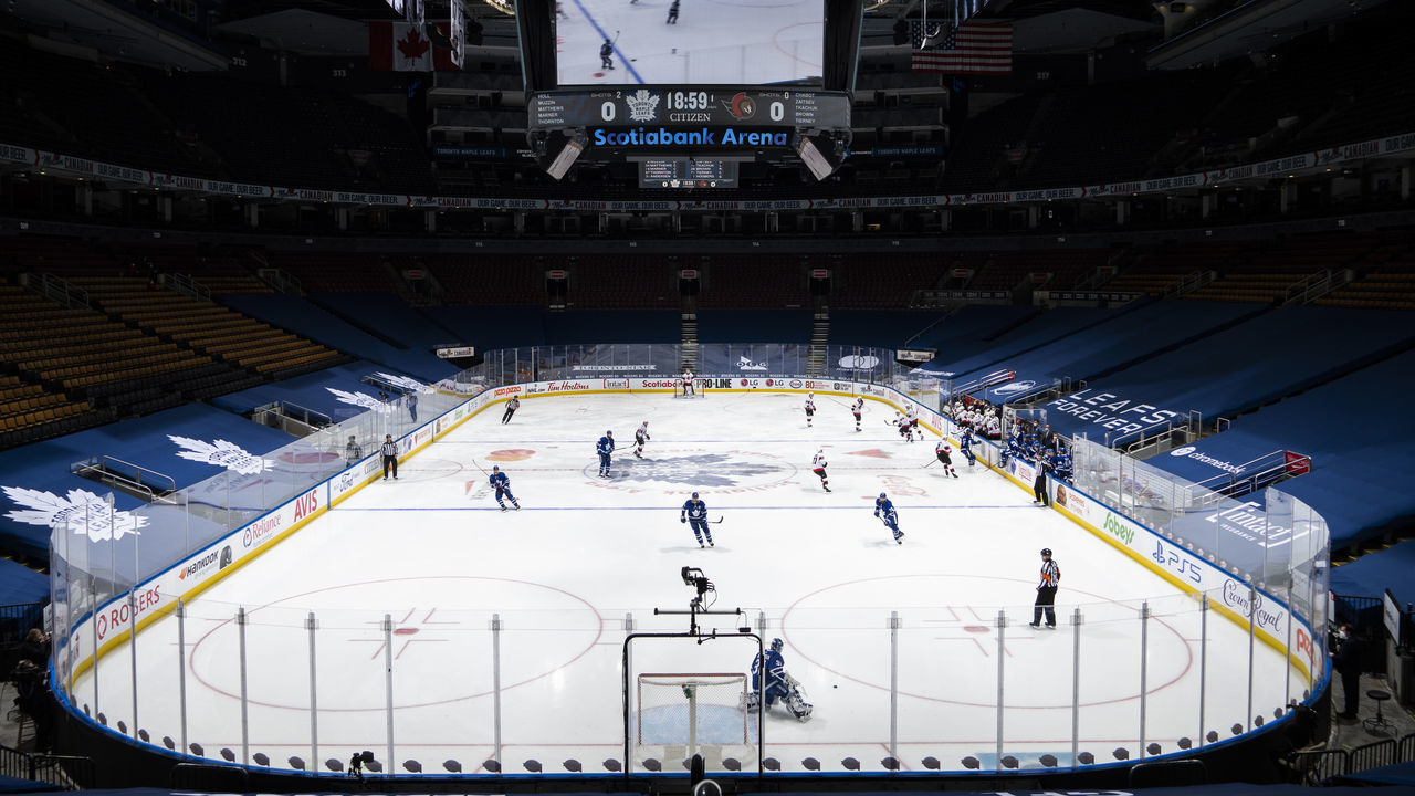TORONTO, ON - FEBRUARY 15: An overall view of the Toronto Maple Leafs playing the Ottawa Senators during the first period at the Scotiabank Arena on February 15, 2021 in Toronto, Ontario, Canada.