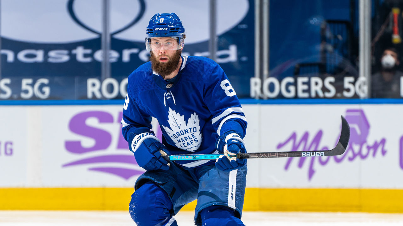 TORONTO, ON - APRIL 10: Jake Muzzin #8 of the Toronto Maple Leafs skates against the Ottawa Senators during the second period at the Scotiabank Arena on April 10, 2021 in Toronto, Ontario, Canada.