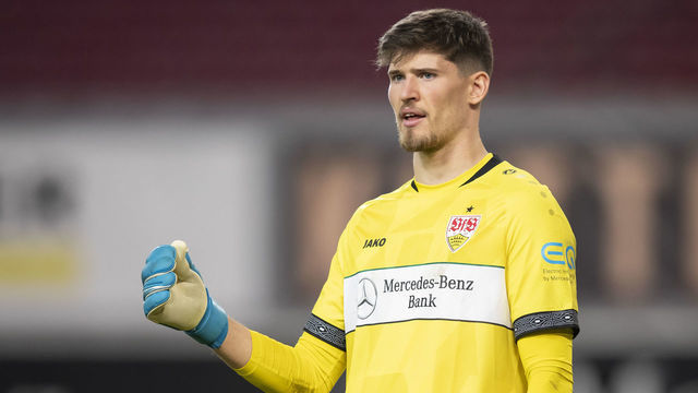 21 April 2021, Baden-Wuerttemberg, Stuttgart: Football: Bundesliga, VfB Stuttgart - VfL Wolfsburg, Matchday 30 at Mercedes-Benz Arena. Stuttgart goalkeeper Gregor Kobel gestures. Photo: Tom Weller/dpa - IMPORTANT NOTE: In accordance with the regulations of the DFL Deutsche Fußball Liga and/or the DFB Deutscher Fußball-Bund, it is prohibited to use or have used photographs taken in the stadium and/or of the match in the form of sequence pictures and/or video-like photo series.