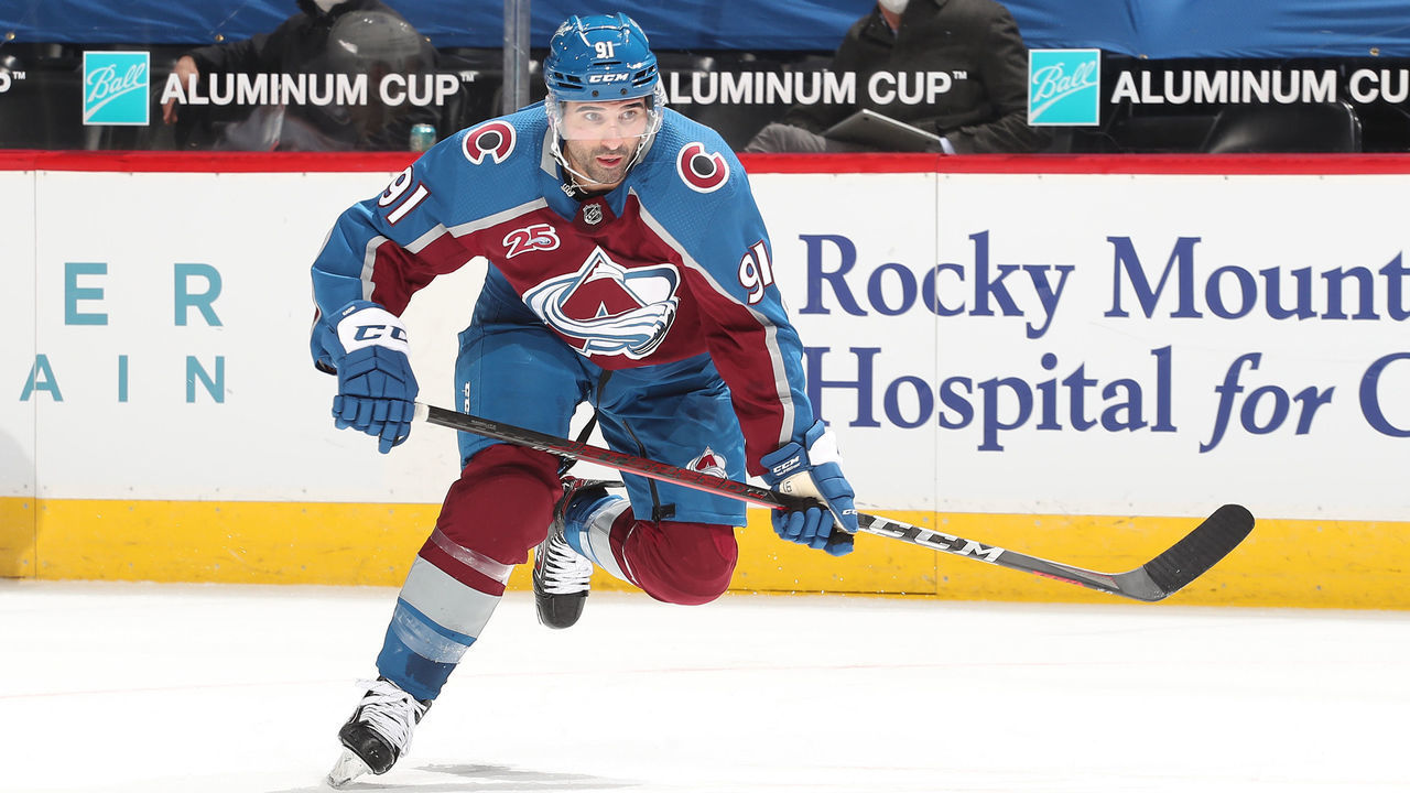 DENVER, COLORADO - MARCH 29: Nazem Kadri #91 of the Colorado Avalanche skates against the Anaheim Ducks at Ball Arena on March 29, 2021 in Denver, Colorado.
