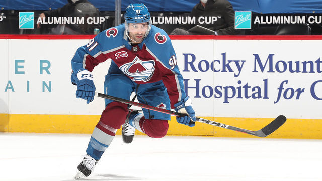 DENVER, COLORADO - MARCH 29: Nazem Kadri #91 of the Colorado Avalanche skates against the Anaheim Ducks at Ball Arena on March 29, 2021 in Denver, Colorado.
