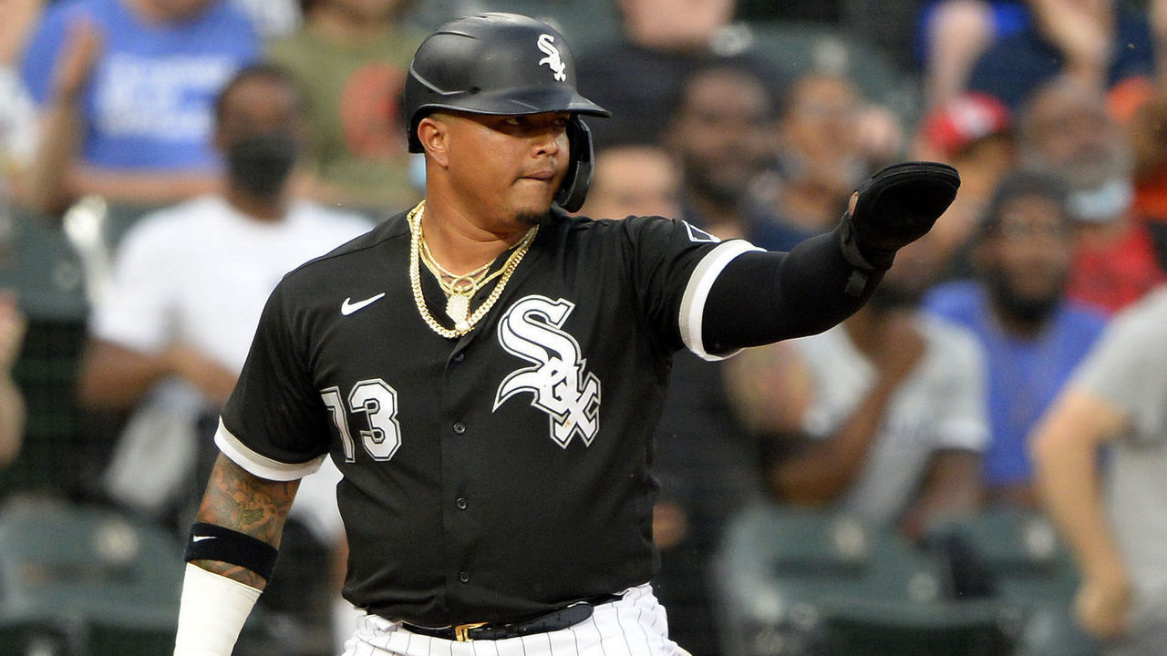 CHICAGO - MAY 24: Yermin Mercedes #73 of the Chicago White Sox gestures toward Nick Madrigal #1 during the game against the St. Louis Cardinals on May 24, 2021 at Guaranteed Rate Field in Chicago, Illinois.