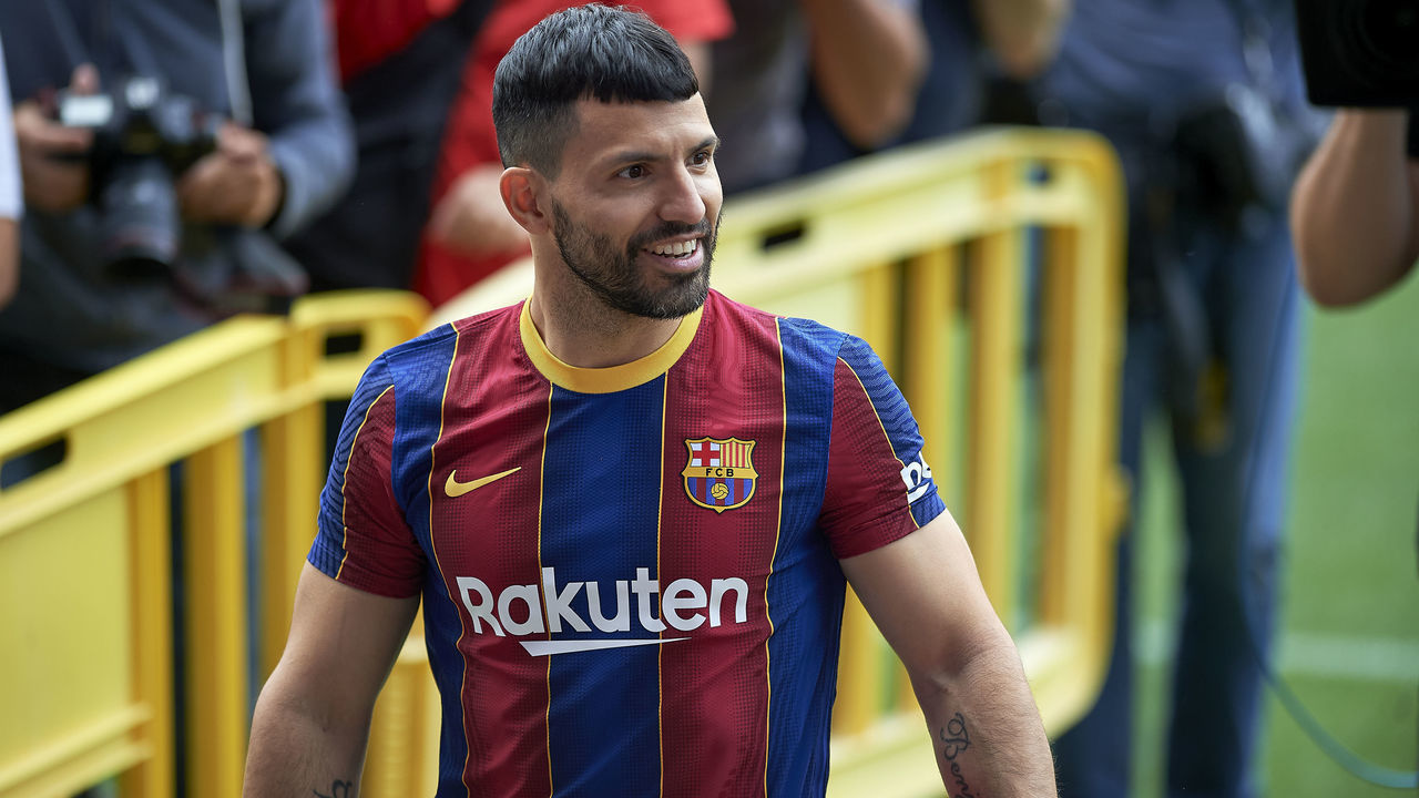 New signing Sergio Kun Aguero during his presentation as FC Barcelona new player at Auditori 1989 in Barcelona, Spain.