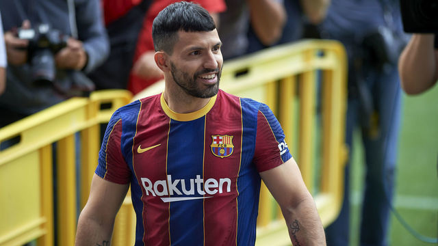 New signing Sergio Kun Aguero during his presentation as FC Barcelona new player at Auditori 1989 in Barcelona, Spain.