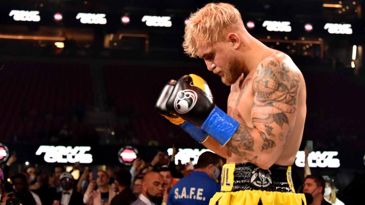 ATLANTA, GEORGIA - APRIL 17: Jake Paul celebrates after defeating Ben Askren in their cruiserweight bout during Triller Fight Club at Mercedes-Benz Stadium on April 17, 2021 in Atlanta, Georgia.