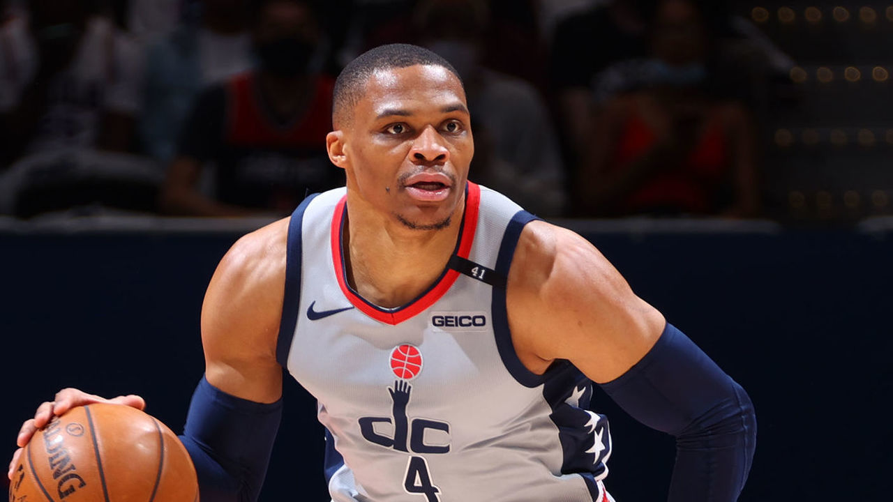 WASHINGTON, DC - MAY 31: Russell Westbrook #4 of the Washington Wizards dribbles the ball against the Philadelphia 76ers during Round 1, Game 4 of the 2021 NBA Playoffs on May 31, 2021 at Capital One Arena in Washington, DC. Mandatory Copyright Notice: Copyright 2021 NBAE