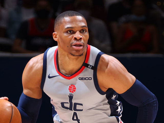 WASHINGTON, DC - MAY 31: Russell Westbrook #4 of the Washington Wizards dribbles the ball against the Philadelphia 76ers during Round 1, Game 4 of the 2021 NBA Playoffs on May 31, 2021 at Capital One Arena in Washington, DC. Mandatory Copyright Notice: Copyright 2021 NBAE