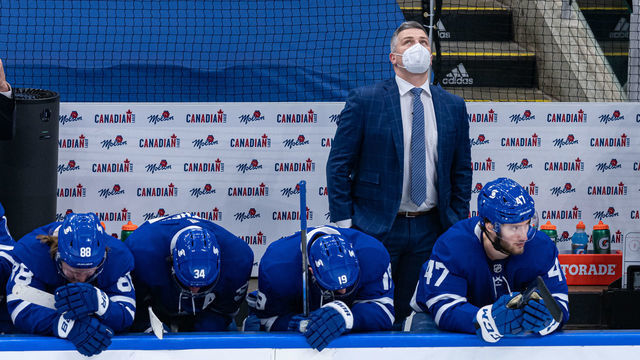 TORONTO, ON - MAY 31: Toronto Maple Leafs Coach Sheldon Keefe is dejected on the team bench during the third period of NHL Stanley Cup Playoffs First Round Game 7 between the Montreal Canadiens and the Toronto Maple Leafs on May 31, 2021, at Scotiabank Arena in Toronto, ON, Canada.