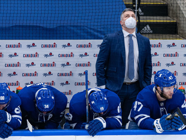 TORONTO, ON - MAY 31: Toronto Maple Leafs Coach Sheldon Keefe is dejected on the team bench during the third period of NHL Stanley Cup Playoffs First Round Game 7 between the Montreal Canadiens and the Toronto Maple Leafs on May 31, 2021, at Scotiabank Arena in Toronto, ON, Canada.