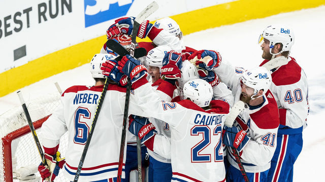 TORONTO, ON - MAY 31: The Montreal Canadiens celebrate after defeating the Toronto Maple Leafs in Game Seven of the First Round of the 2021 Stanley Cup Playoffs at the Scotiabank Arena on May 31, 2021 in Toronto, Ontario, Canada.