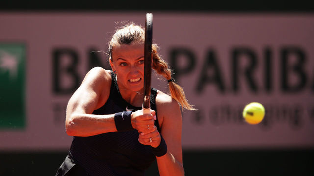 PARIS, FRANCE - MAY 30: Petra Kvitova of The Czech Republic plays a backhand in her First Round match against Greet Minnen of Belgium during Day One of the 2021 French Open at Roland Garros on May 30, 2021 in Paris, France.
