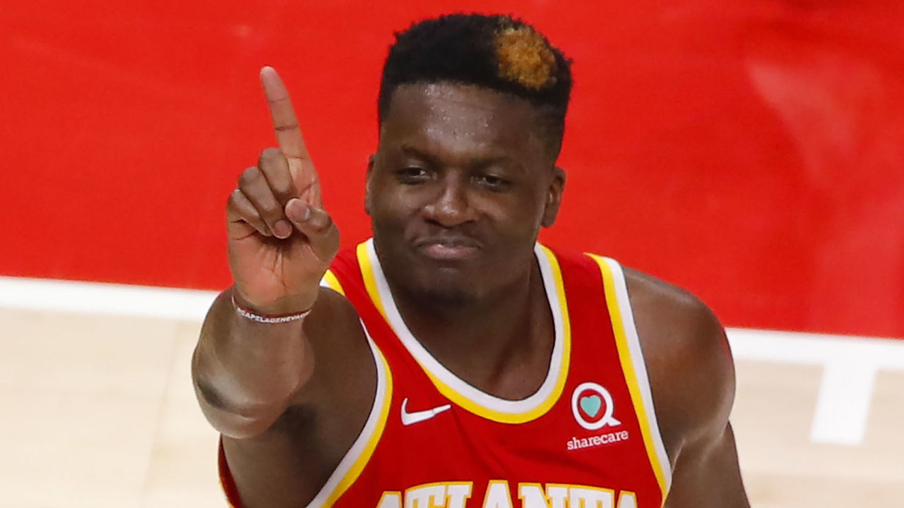 ATLANTA, GA - MAY 28: Clint Capela #15 of the Atlanta Hawks reacts in the second half against the New York Knicks during game three of the Eastern Conference Quarterfinals at State Farm Arena on May 28, 2021 in Atlanta, Georgia. NOTE TO USER: User expressly acknowledges and agrees that, by downloading and/or using this photograph, user is consenting to the terms and conditions of the Getty Images License Agreement.