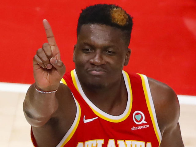 ATLANTA, GA - MAY 28: Clint Capela #15 of the Atlanta Hawks reacts in the second half against the New York Knicks during game three of the Eastern Conference Quarterfinals at State Farm Arena on May 28, 2021 in Atlanta, Georgia. NOTE TO USER: User expressly acknowledges and agrees that, by downloading and/or using this photograph, user is consenting to the terms and conditions of the Getty Images License Agreement.