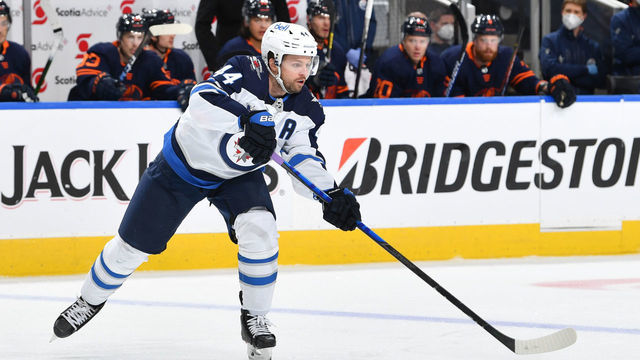 EDMONTON, AB - MAY 19: Josh Morrissey #44 of the Winnipeg Jets skates during Game One of the First Round of the 2021 Stanley Cup Playoffs against theEdmonton Oilers on May 19, 2021 at Rogers Place in Edmonton, Alberta, Canada.