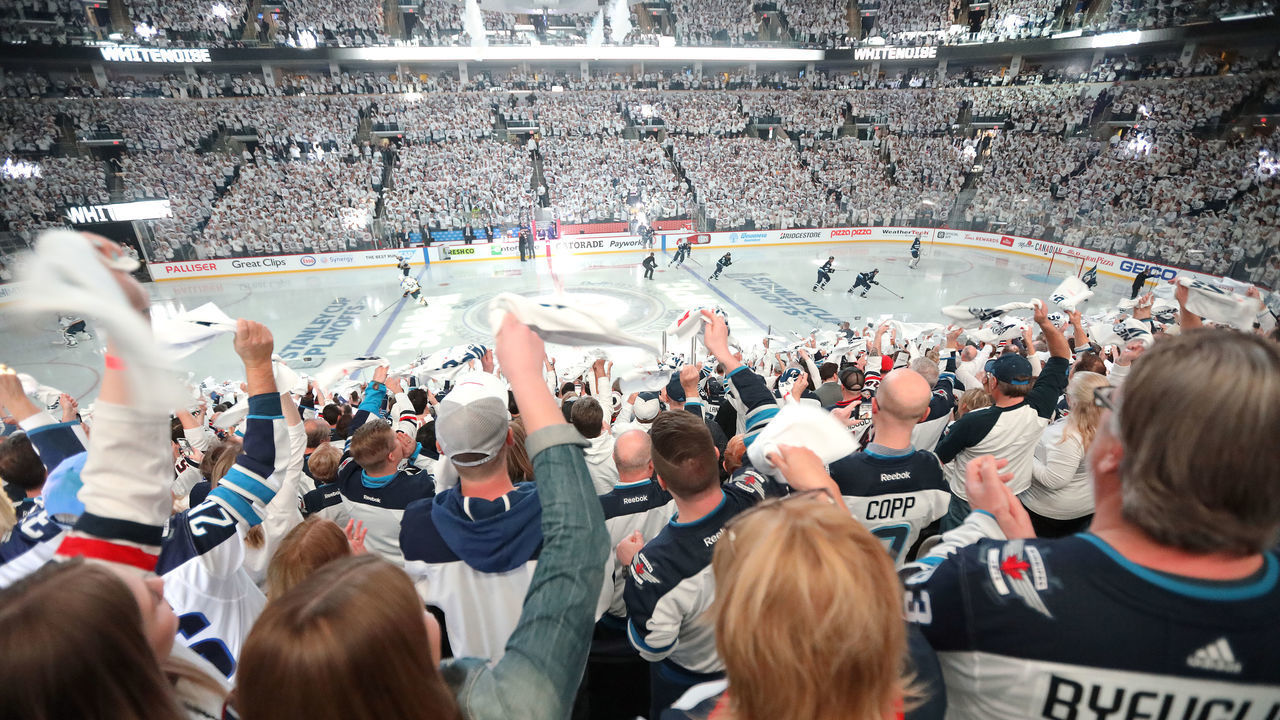ARENA WHITEOUT:"nWINNIPEG, MANITOBA - APRIL 12: Winnipeg Jets fans bring on the 'whiteout' as the Winnipeg Jets took on the St. Louis Blues in Game Two of the Western Conference First Round during the 2019 NHL Stanley Cup Playoffs at Bell MTS Place on April 12, 2019 in Winnipeg, Manitoba, Canada. *** Local Caption ***