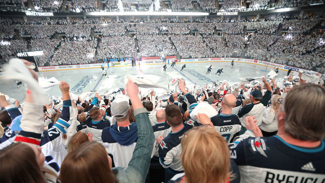 ARENA WHITEOUT:"nWINNIPEG, MANITOBA - APRIL 12: Winnipeg Jets fans bring on the 'whiteout' as the Winnipeg Jets took on the St. Louis Blues in Game Two of the Western Conference First Round during the 2019 NHL Stanley Cup Playoffs at Bell MTS Place on April 12, 2019 in Winnipeg, Manitoba, Canada. *** Local Caption ***