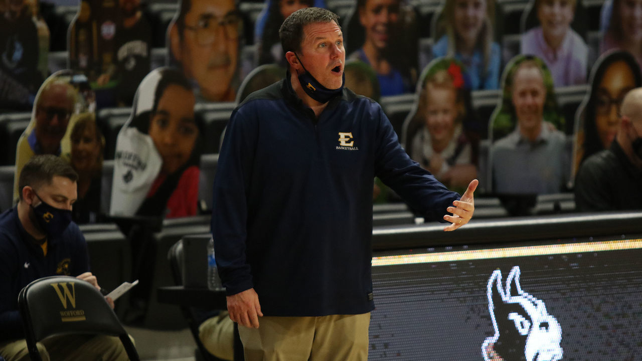 SPARTANBURG, SC - FEBRUARY 01: Jason Shay head coach of ETSU during a college basketball game between the East Tennessee State Buccaneers and the Wofford Terriers on February 1, 2021, at Jerry Richardson Indoor Stadium in Spartanburg, S.C.