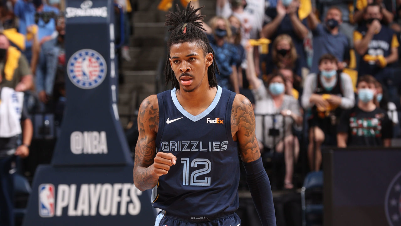 MEMPHIS, TN - MAY 31: Ja Morant #12 of the Memphis Grizzlies celebrates during the game against the Utah Jazz during Round 1, Game 4 of the 2021 NBA Playoffs on May 31, 2021 at FedExForum in Memphis, Tennessee. Mandatory Copyright Notice: Copyright 2021 NBAE
