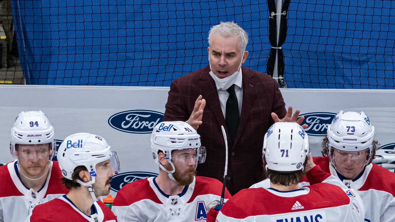 TORONTO, ON - MAY 31: Montreal Canadiens Coach Dominique Ducharme gives instructions on the team bench during NHL Stanley Cup Playoffs First Round Game 7 between the Montreal Canadiens and the Toronto Maple Leafs on May 31, 2021, at Scotiabank Arena in Toronto, ON, Canada.