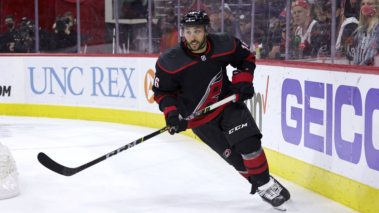 RALEIGH, NC - MAY 19: Vincent Trocheck #16 of the Carolina Hurricanes skates for position along the boards behind the net in Game Two of the First Round of the 2021 Stanley Cup Playoffs against the Nashville Predators on May 19, 2021 at PNC Arena in Raleigh, North Carolina.