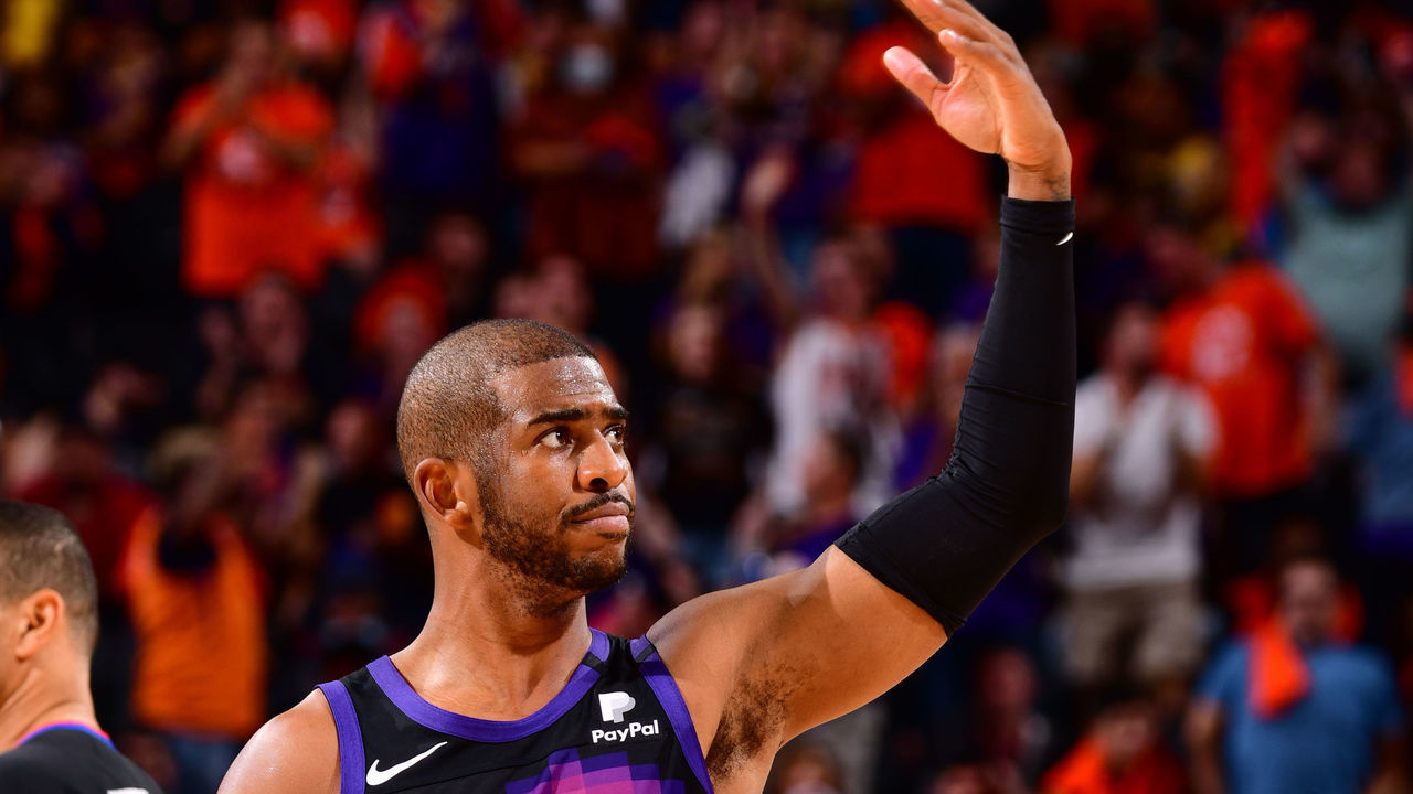 PHOENIX, AZ - JUNE 1: Chris Paul #3 of the Phoenix Suns celebrates during the game against the Los Angeles Lakers during Round 1, Game 5 of the 2021 NBA Playoffs on June 1, 2021 at Phoenix Suns Arena in Phoenix, Arizona. Mandatory Copyright Notice: Copyright 2021 NBAE