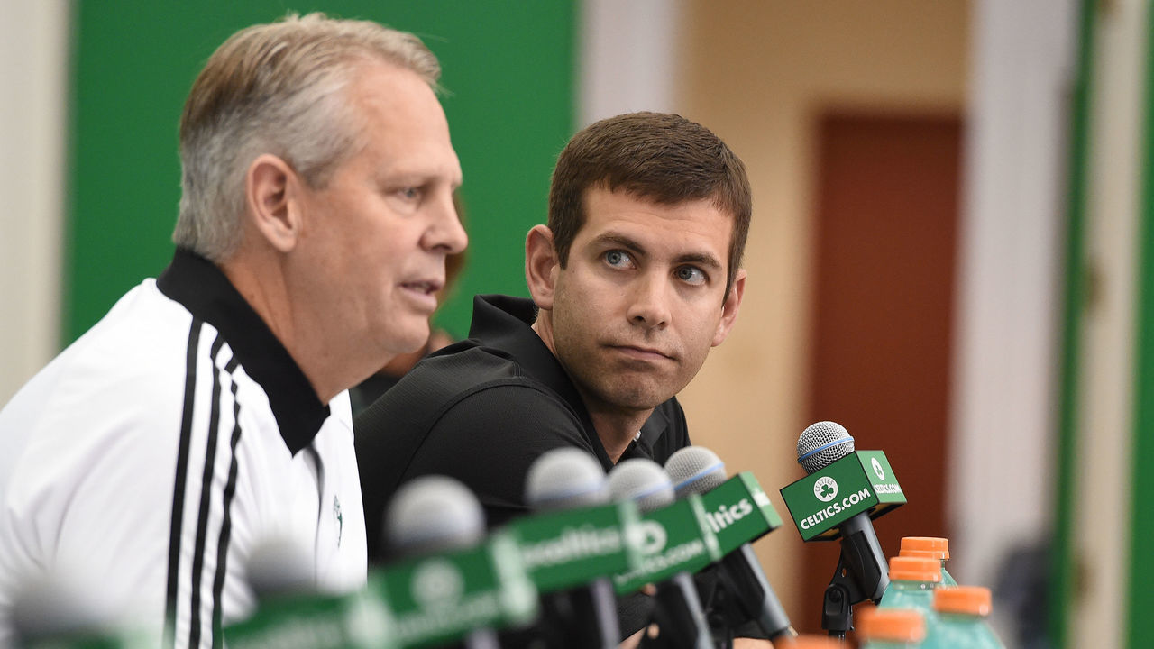 BOTON, MA - JUNE 24: Danny Ainge and Brad Stevens of the Boston Celtics introduce the Celtics 2016 NBA Draft class during a press conference on June 24, 2016 at TD Garden in Boston, Massachusetts. Mandatory Copyright Notice: Copyright 2016 NBAE