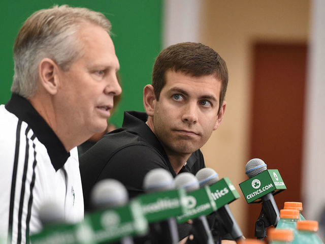 BOTON, MA - JUNE 24: Danny Ainge and Brad Stevens of the Boston Celtics introduce the Celtics 2016 NBA Draft class during a press conference on June 24, 2016 at TD Garden in Boston, Massachusetts. Mandatory Copyright Notice: Copyright 2016 NBAE
