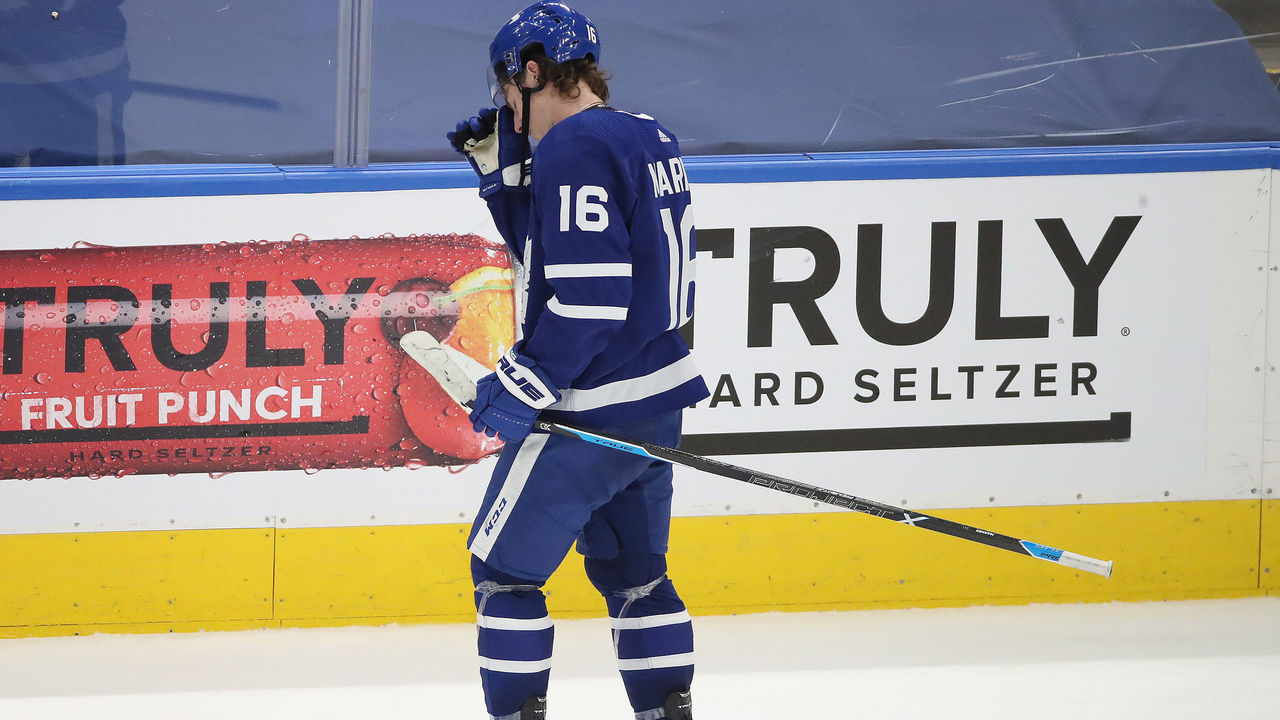 Toronto, ON- May 31 - Toronto Maple Leafs center Mitchell Marner (16) leaves the ice as the Toronto Maple Leafs fall to the Montreal Canadiens 3-1 in game seven in the first round of the NHL play-offs at Scotiabank Arena in Toronto. May 31, 2021. (Steve Russell/Toronto Star via Getty Images)