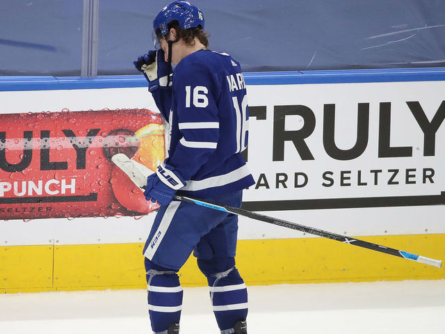 Toronto, ON- May 31 - Toronto Maple Leafs center Mitchell Marner (16) leaves the ice as the Toronto Maple Leafs fall to the Montreal Canadiens 3-1 in game seven in the first round of the NHL play-offs at Scotiabank Arena in Toronto. May 31, 2021. (Steve Russell/Toronto Star via Getty Images)