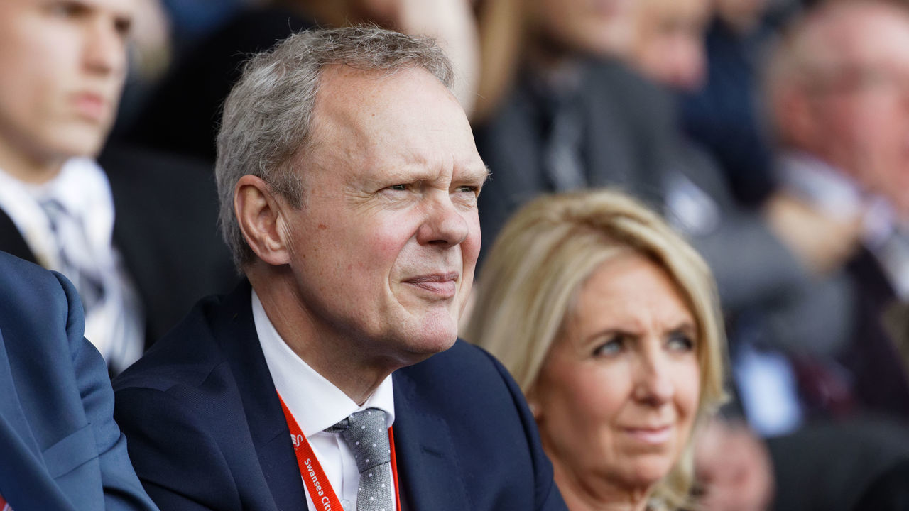 SWANSEA, WALES - APRIL 19: New Swansea Chairman Trevor Birch watches the game during the Sky Bet Championship match between Swansea City and Rotherham United at the Liberty Stadium on April 19, 2019 in Swansea, Wales.