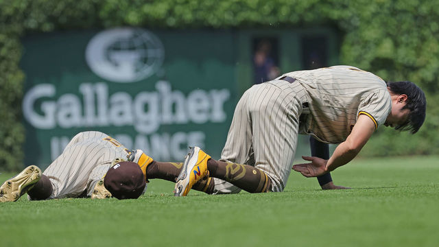 CHICAGO, ILLINOIS - JUNE 02: Tommy Pham #28 (L) and Ha-Seong Kim #7 of the San Diego Padres hit the ground after colliding chasing a fly ball in the 4th inning aganst the Chicago Cubs at Wrigley Field on June 02, 2021 in Chicago, Illinois.