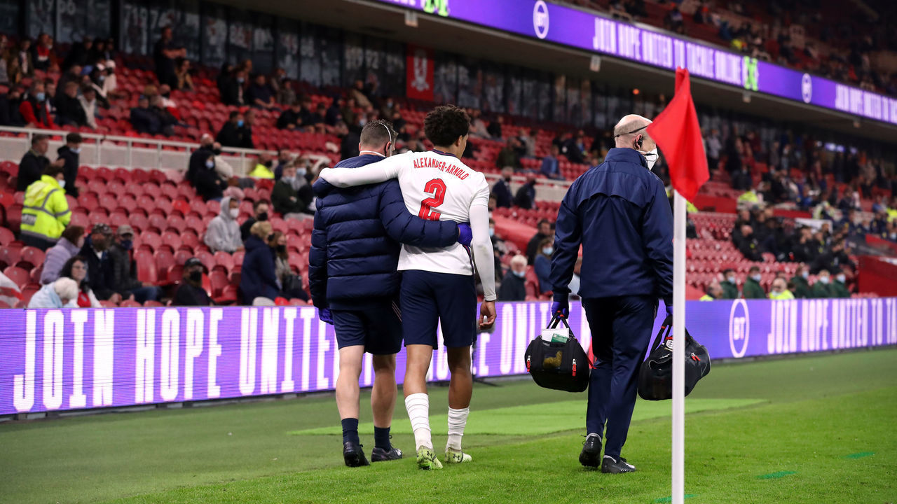 England's Trent Alexander-Arnold leaves the pitch after picking up an injury during the International Friendly match at The Riverside Stadium, Middlesbrough. Picture date: Wednesday June 2, 2021.