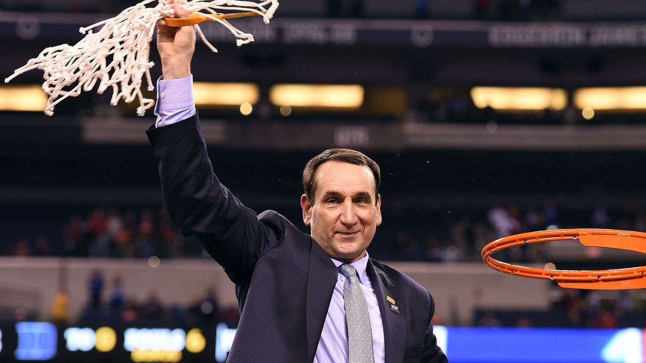 INDIANAPOLIS, IN - APRIL 06: Head Coach Mike Krzyzewski of the Duke Blue Devils cuts down the net after defeating the Wisconsin Badgers during the NCAA Men's Final Four Championship at Lucas Oil Stadium on April 6, 2015 in Indianapolis, Indiana. Duke defeated Wisconsin 68-63.