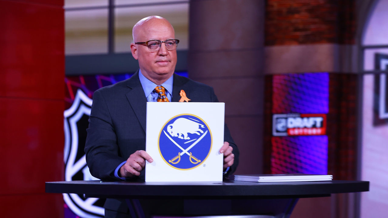 SECAUCUS, NEW JERSEY - JUNE 02: : National Hockey League Deputy Commissioner Bill Daly announces the Buffalo Sabres #1 overall draft position during the 2021 NHL Draft Lottery on June 02, 2021 at the NHL Network's studio in Secaucus, New Jersey.