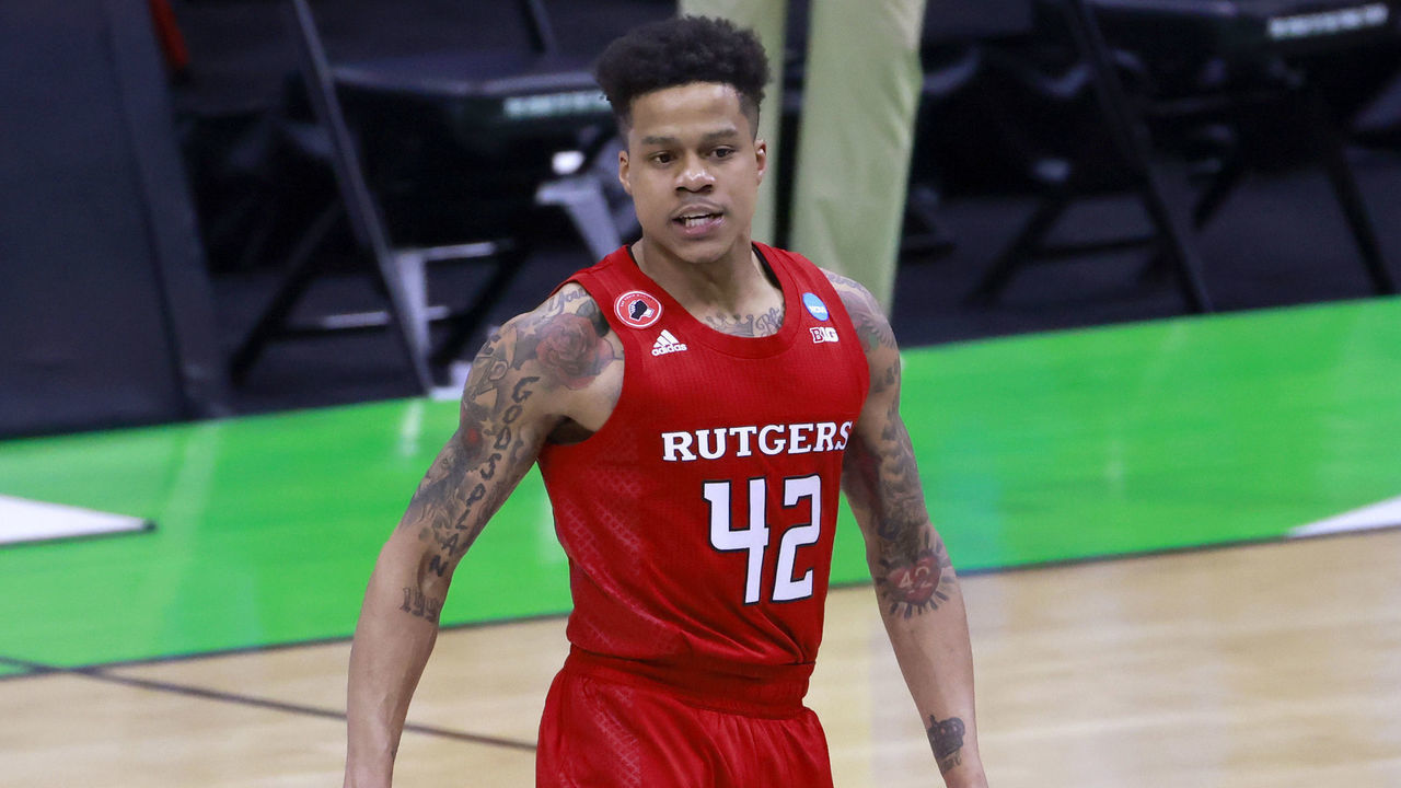 INDIANAPOLIS, INDIANA - MARCH 21: Jacob Young #42 of the Rutgers Scarlet Knights on the court in the game against the Houston Cougars during the first half in the NCAA Basketball Tournament second round at Lucas Oil Stadium on March 21, 2021 in Indianapolis, Indiana.