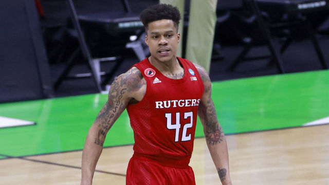 INDIANAPOLIS, INDIANA - MARCH 21: Jacob Young #42 of the Rutgers Scarlet Knights on the court in the game against the Houston Cougars during the first half in the NCAA Basketball Tournament second round at Lucas Oil Stadium on March 21, 2021 in Indianapolis, Indiana.