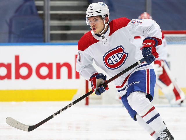 TORONTO, ON - MAY 31: Jake Evans #71 of the Montreal Canadiens skates against the Toronto Maple Leafs during Game Seven of the First Round of the 2021 Stanley Cup Playoffs at Scotiabank Arena on May 31, 2021 in Toronto, Ontario, Canada. The Canadiens defeated the Map[le Leafs 3-1 to win series 4 games to 3.