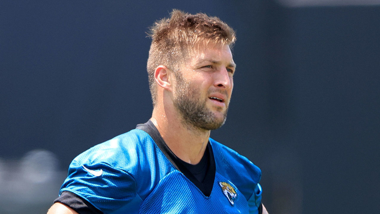 JACKSONVILLE, FLORIDA - MAY 27: Tim Tebow #85 of the Jacksonville Jaguars looks on during Jacksonville Jaguars Training Camp at TIAA Bank Field on May 27, 2021 in Jacksonville, Florida.