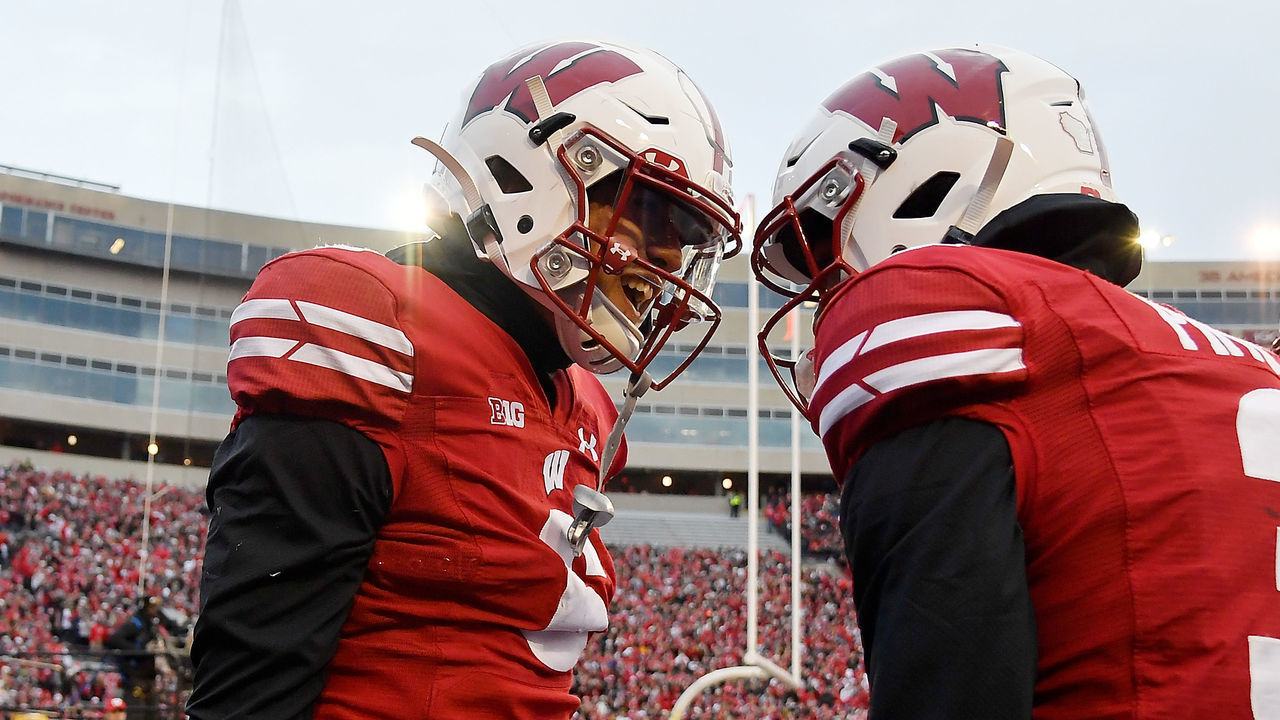 MADISON, WISCONSIN - NOVEMBER 09: Danny Davis III #6 of the Wisconsin Badgers celebrates after scoring in the first half against the Iowa Hawkeyes at Camp Randall Stadium on November 09, 2019 in Madison, Wisconsin.