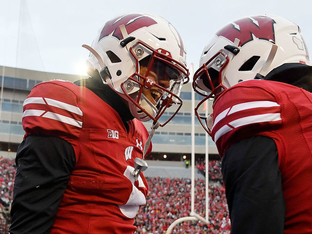 MADISON, WISCONSIN - NOVEMBER 09: Danny Davis III #6 of the Wisconsin Badgers celebrates after scoring in the first half against the Iowa Hawkeyes at Camp Randall Stadium on November 09, 2019 in Madison, Wisconsin.