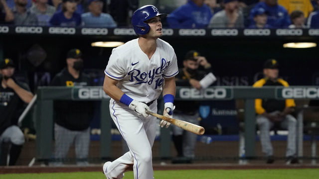 KANSAS CITY, MISSOURI - JUNE 01: Andrew Benintendi #16 of the Kansas City Royals hits a grand slam in the the fifth inning against the Pittsburgh Pirates at Kauffman Stadium on June 01, 2021 in Kansas City, Missouri.